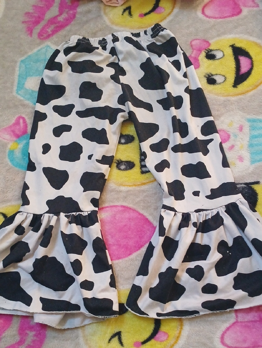 Cow Print Ruffle Hem Kids Pants - Black & White